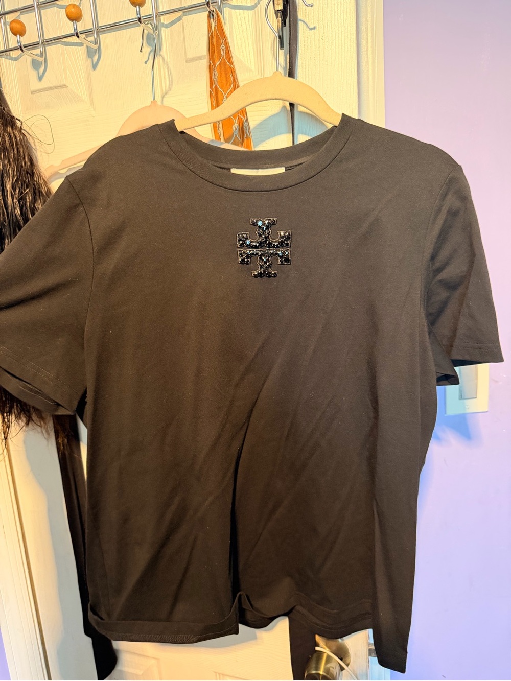 Tory Burch Black Short-Sleeve Tee with Beaded Logo